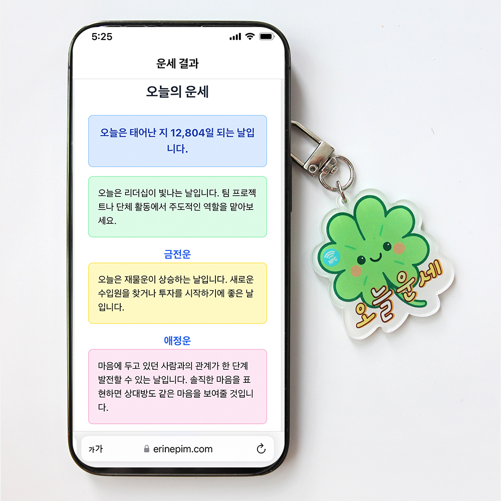 오늘의 운세 등 NFC 키링 4종 [점심메뉴 추천 수능 디데이 코인 시세 행운 부적 친구 선물 네잎클로버 행운의 비트코인 클로버 태그  열쇠 고리 시험 합격 응원 템]