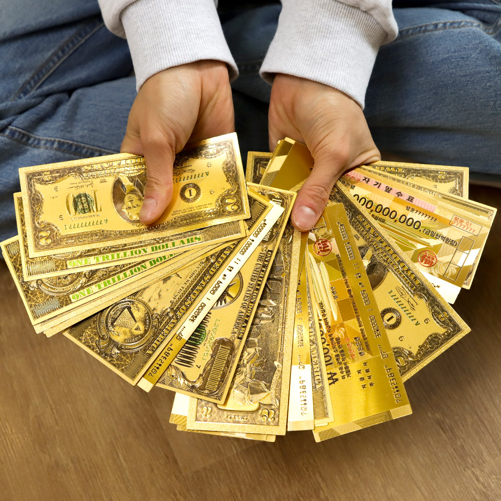 황금 골드 금박 행운 금 지폐 돈 [양면 행운의 2달러 1조 달러 천억 수표 달마 부자되는 그림 일조 종이돈 지전 인테리어 촬영 소품  4종]
